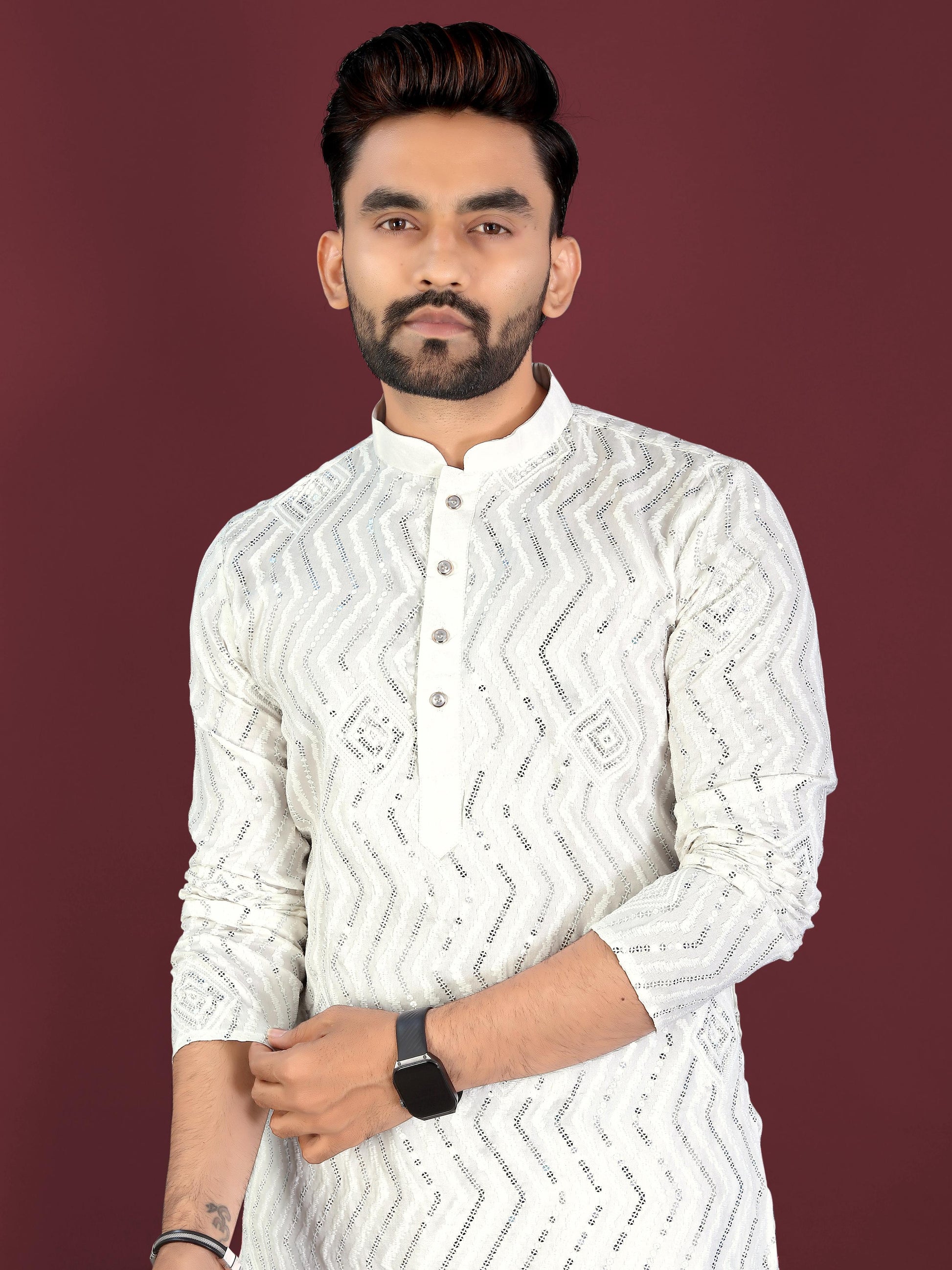 Neera Trendz White Soft Silk Embroidered Men's Kurta Pyjama - Swadesiicart