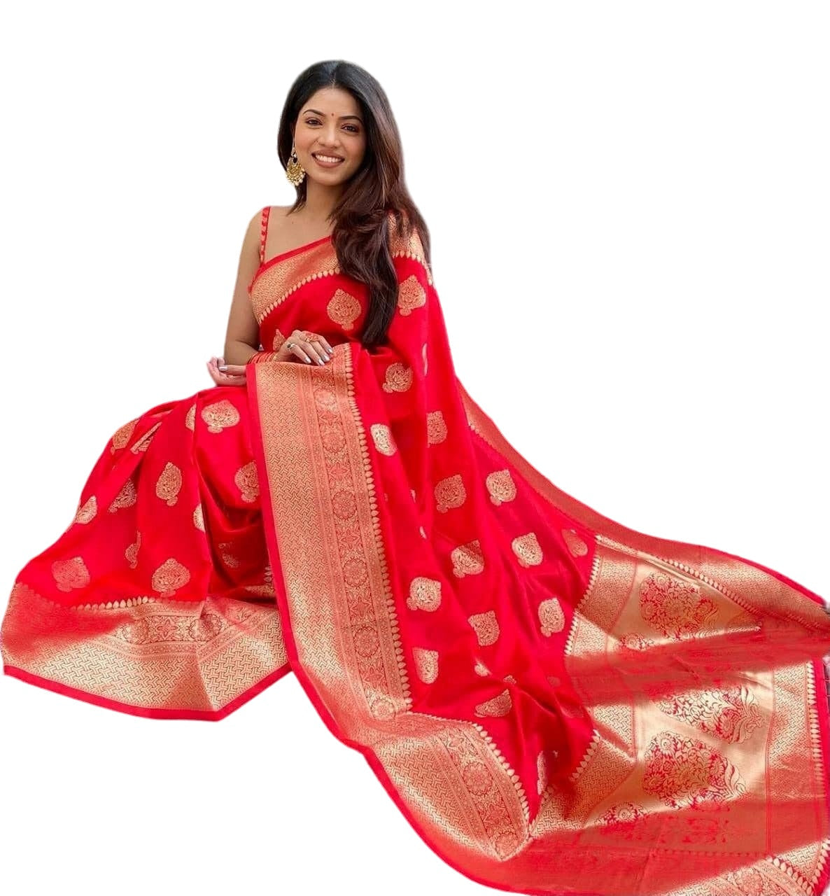 Vamika Weaving Banarasi Jacquard Red Kanjivaram Saree | Swadesiicart
