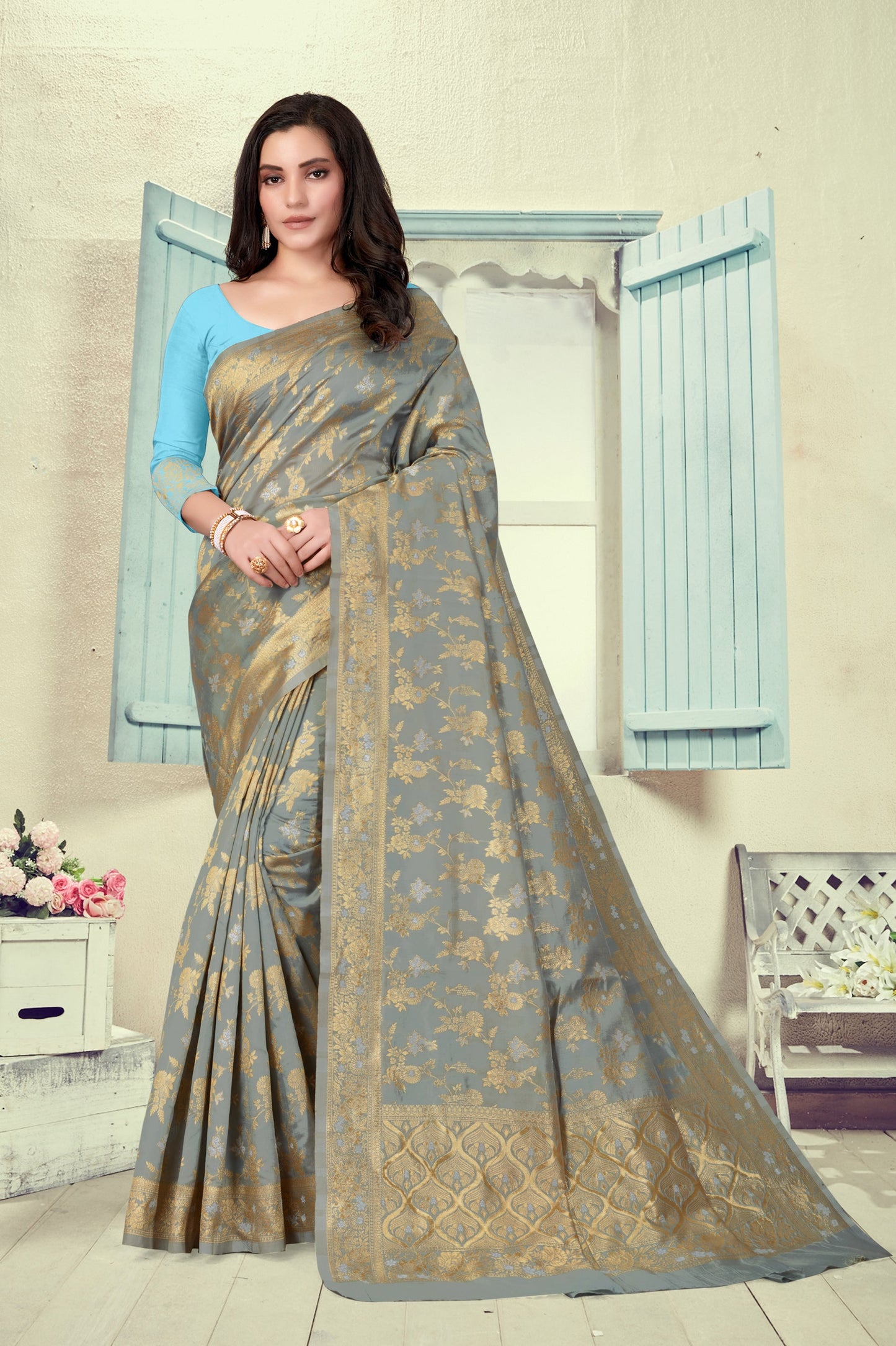 Vedant Vastram Litchi Silk Designer Banarasi Saree - Grey | Swadesiicart