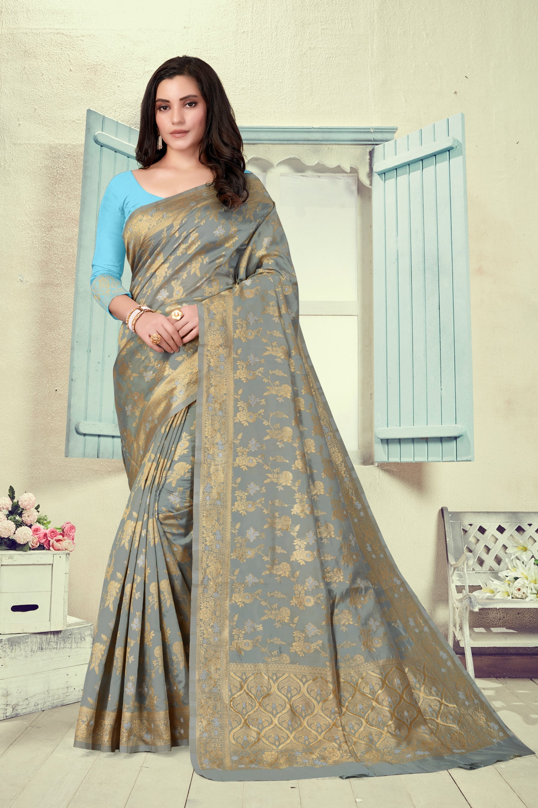 Vedant Vastram Litchi Silk Designer Banarasi Saree - Grey | Swadesiicart