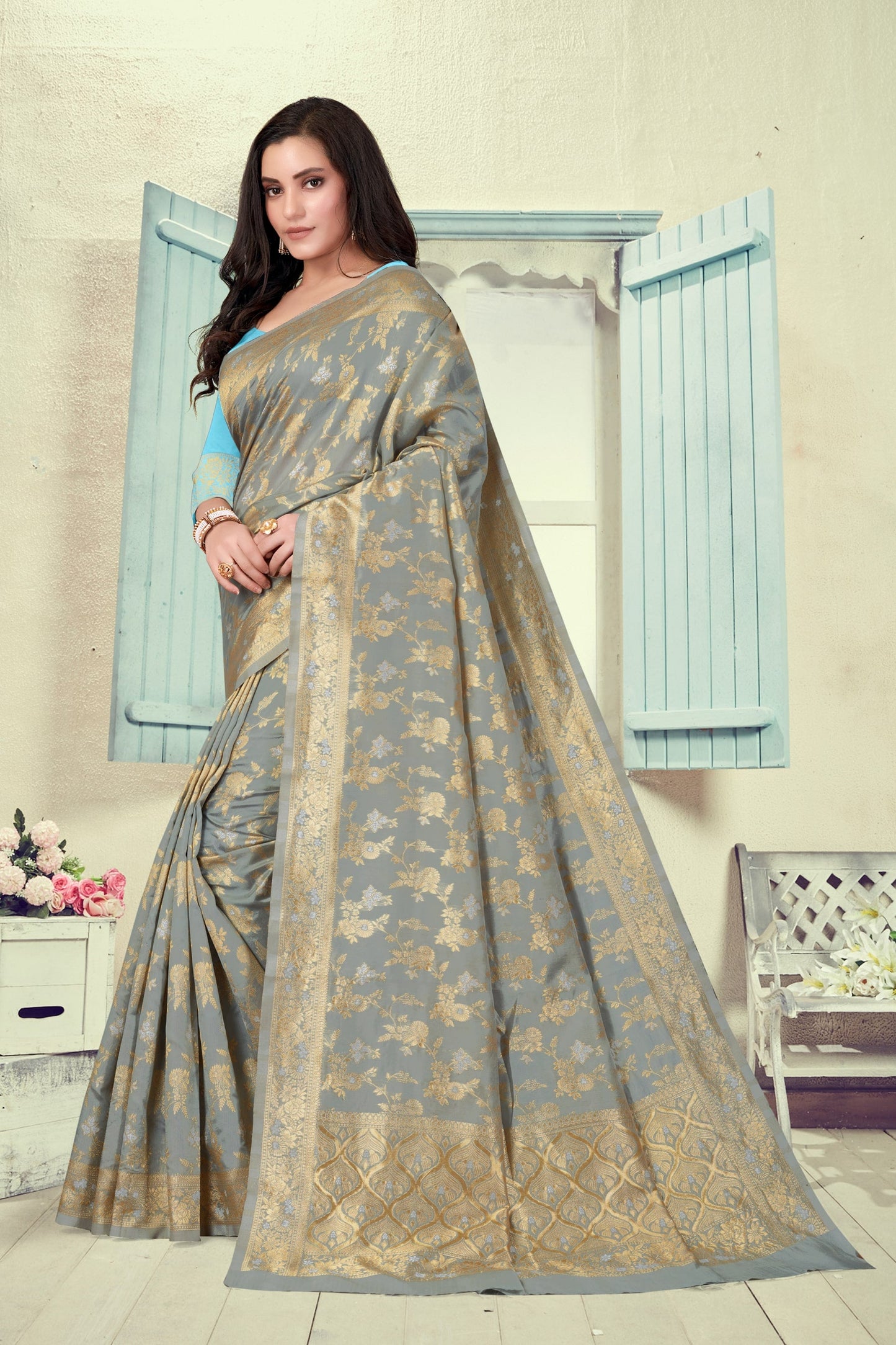 Vedant Vastram Litchi Silk Designer Banarasi Saree - Grey | Swadesiicart