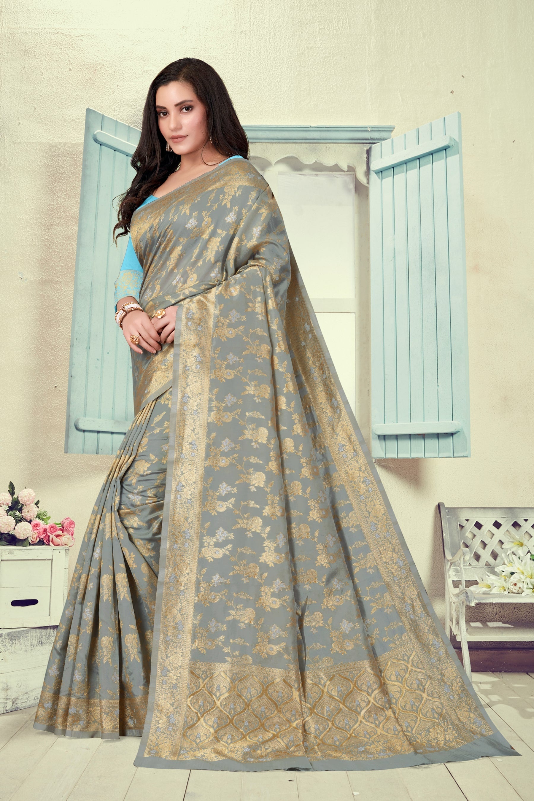 Vedant Vastram Litchi Silk Designer Banarasi Saree - Grey | Swadesiicart