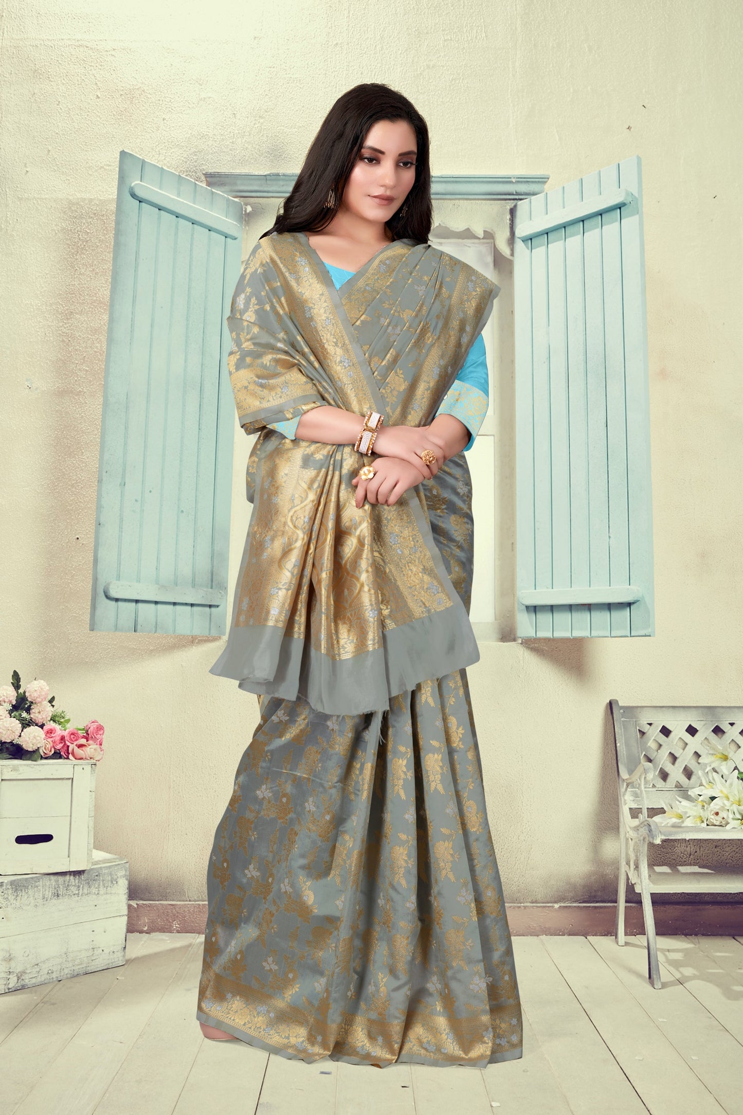 Vedant Vastram Litchi Silk Designer Banarasi Saree - Grey | Swadesiicart