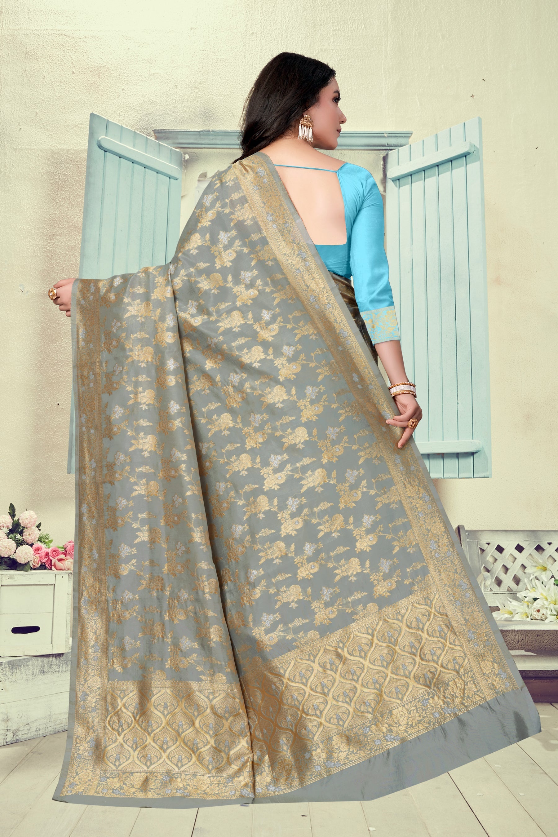 Vedant Vastram Litchi Silk Designer Banarasi Saree - Grey | Swadesiicart