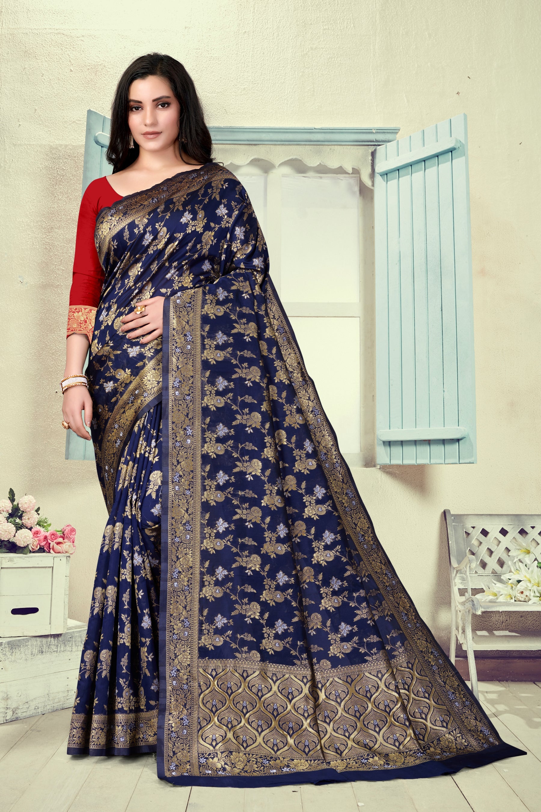 Vedant Vastram Litchi Silk Designer Banarasi Saree - Navy Blue | Swadesiicart