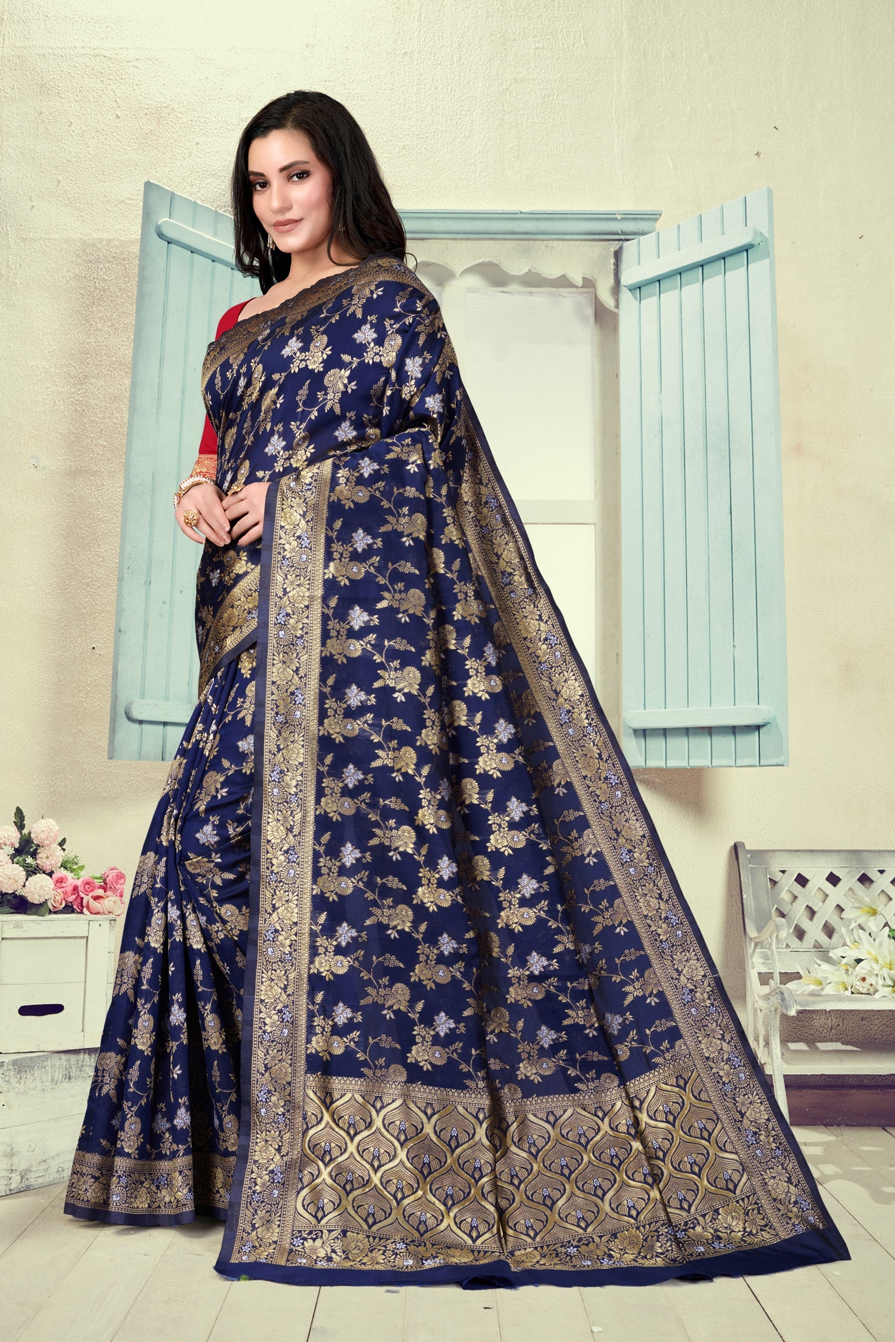 Vedant Vastram Litchi Silk Designer Banarasi Saree - Navy Blue | Swadesiicart
