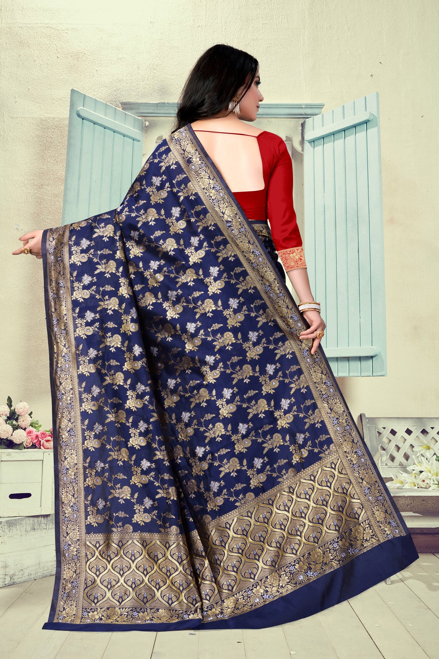 Vedant Vastram Litchi Silk Designer Banarasi Saree - Navy Blue | Swadesiicart