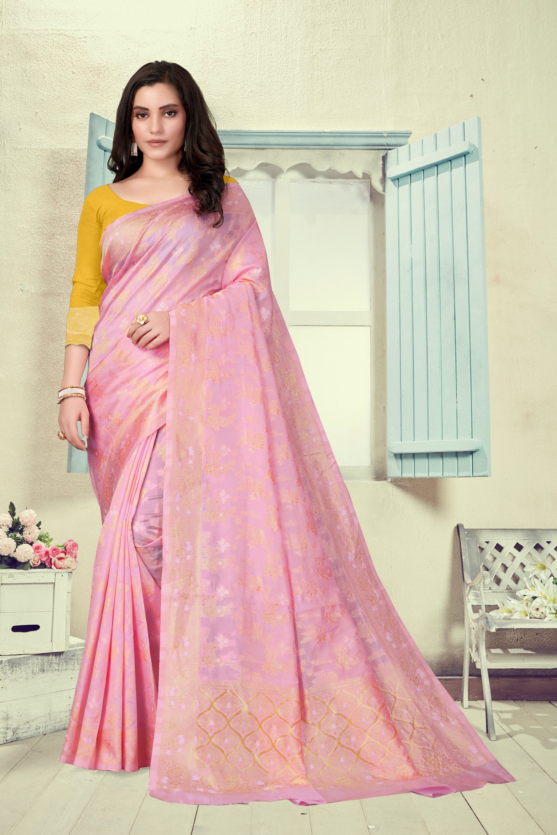 Vedant Vastram Litchi Silk Designer Banarasi Saree - Pink | Swadesiicart