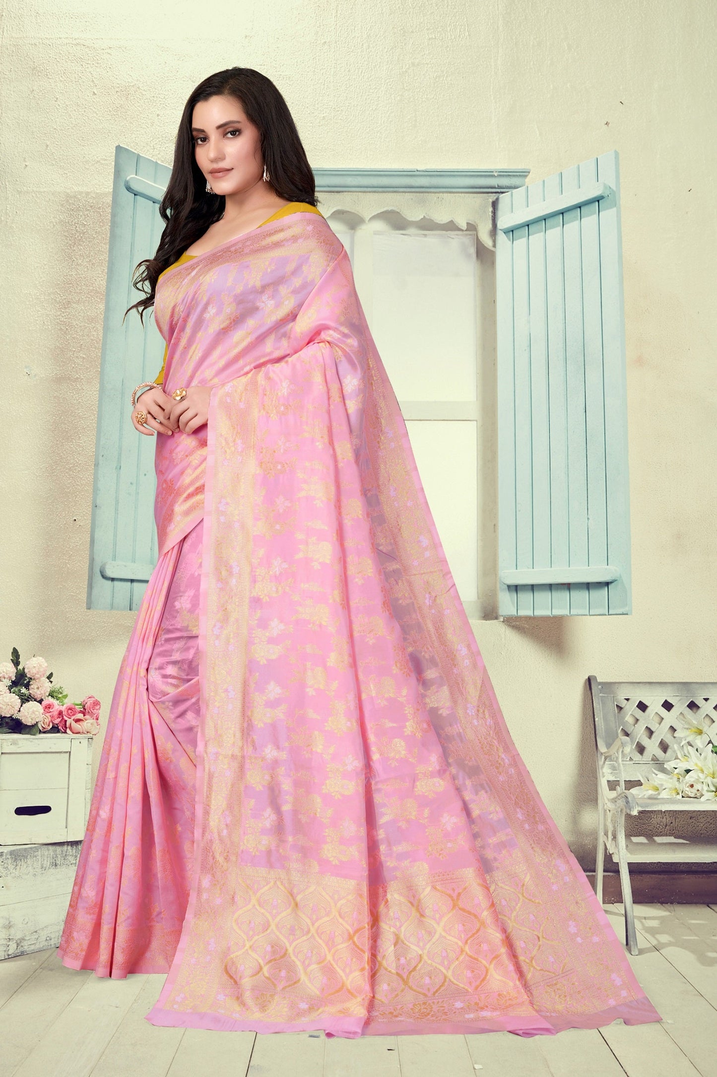 Vedant Vastram Litchi Silk Designer Banarasi Saree - Pink | Swadesiicart