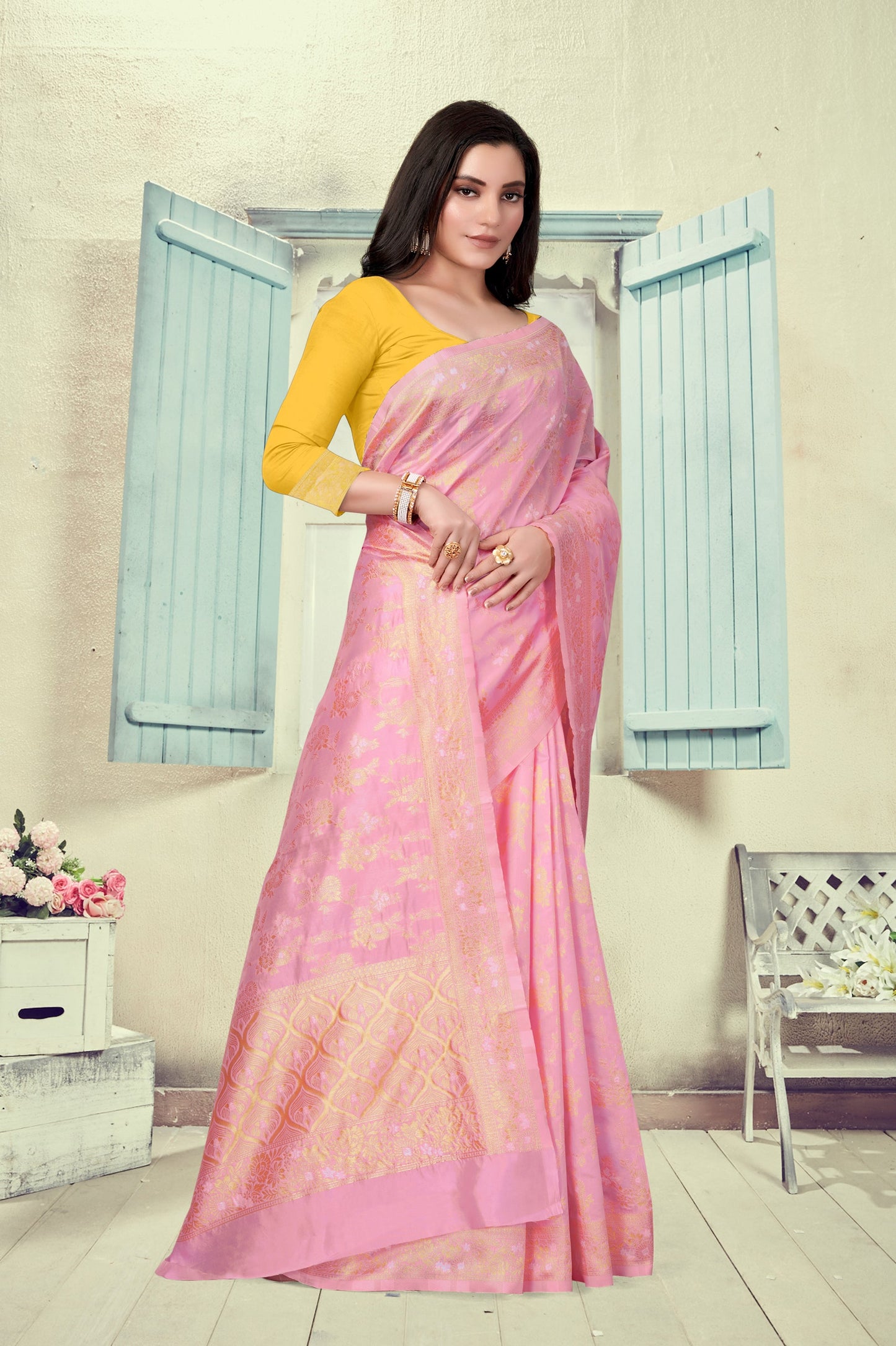 Vedant Vastram Litchi Silk Designer Banarasi Saree - Pink | Swadesiicart