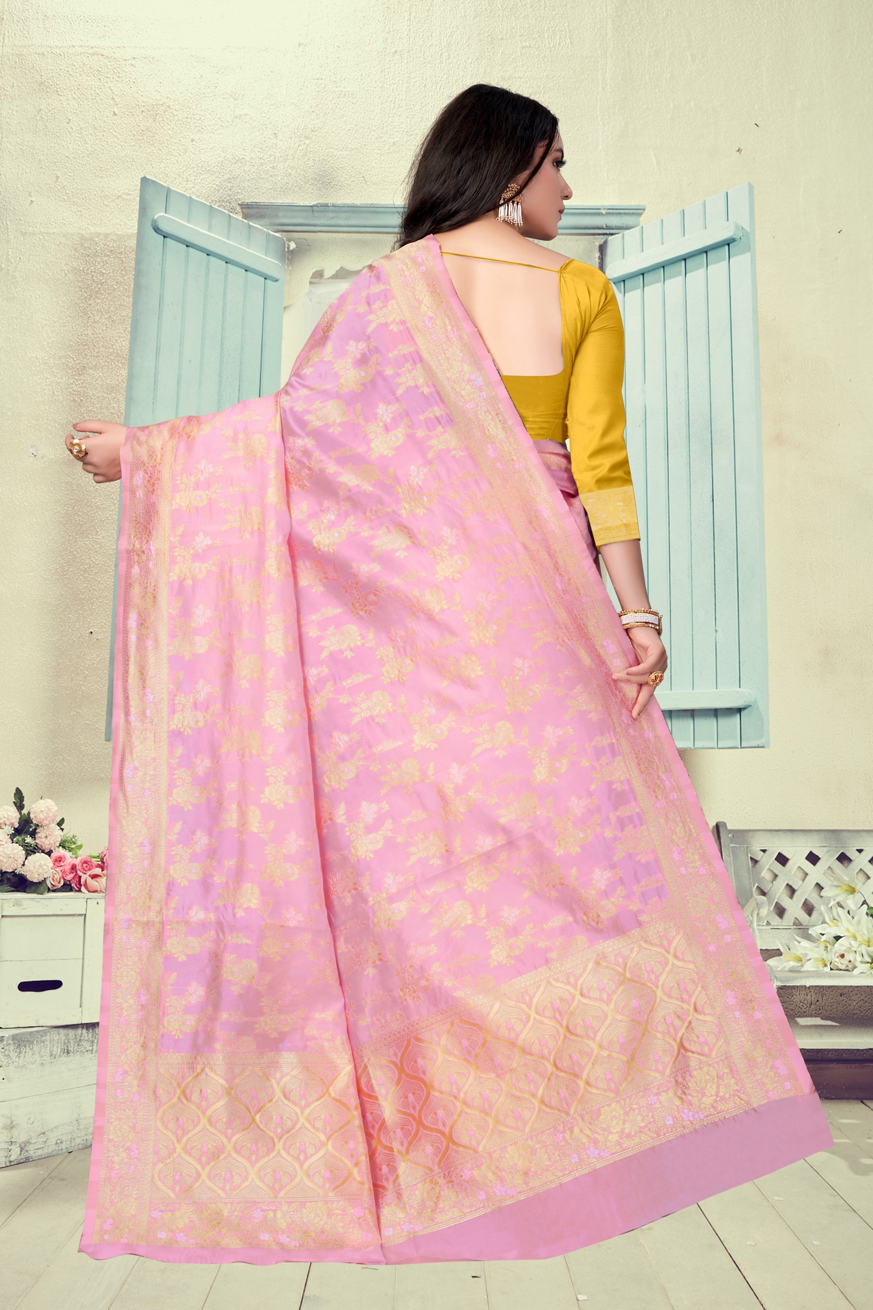 Vedant Vastram Litchi Silk Designer Banarasi Saree - Pink | Swadesiicart