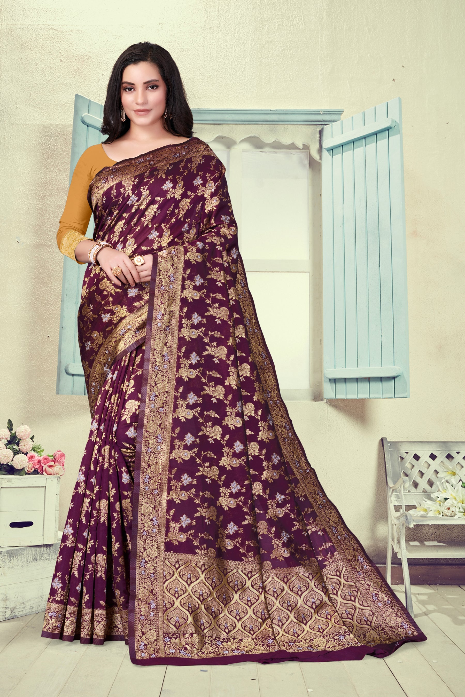 Vedant Vastram Litchi Silk Designer Banarasi Saree - Wine | Swadesiicart
