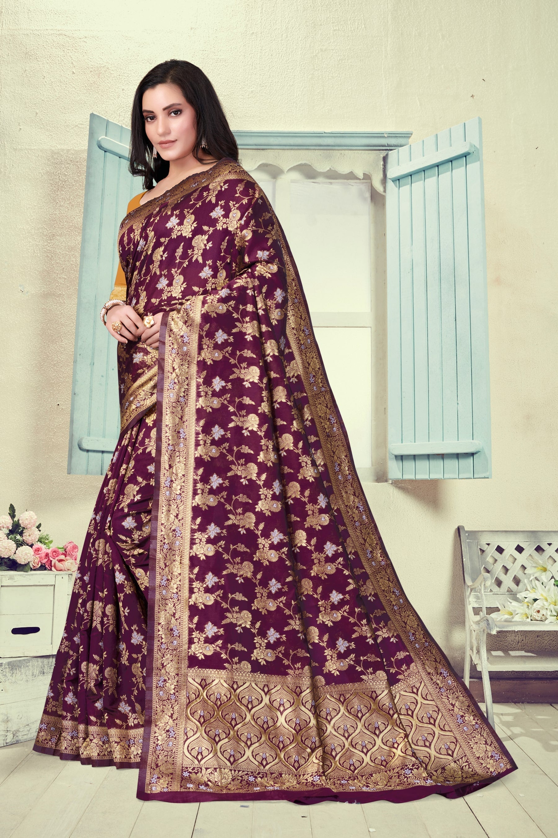 Vedant Vastram Litchi Silk Designer Banarasi Saree - Wine | Swadesiicart