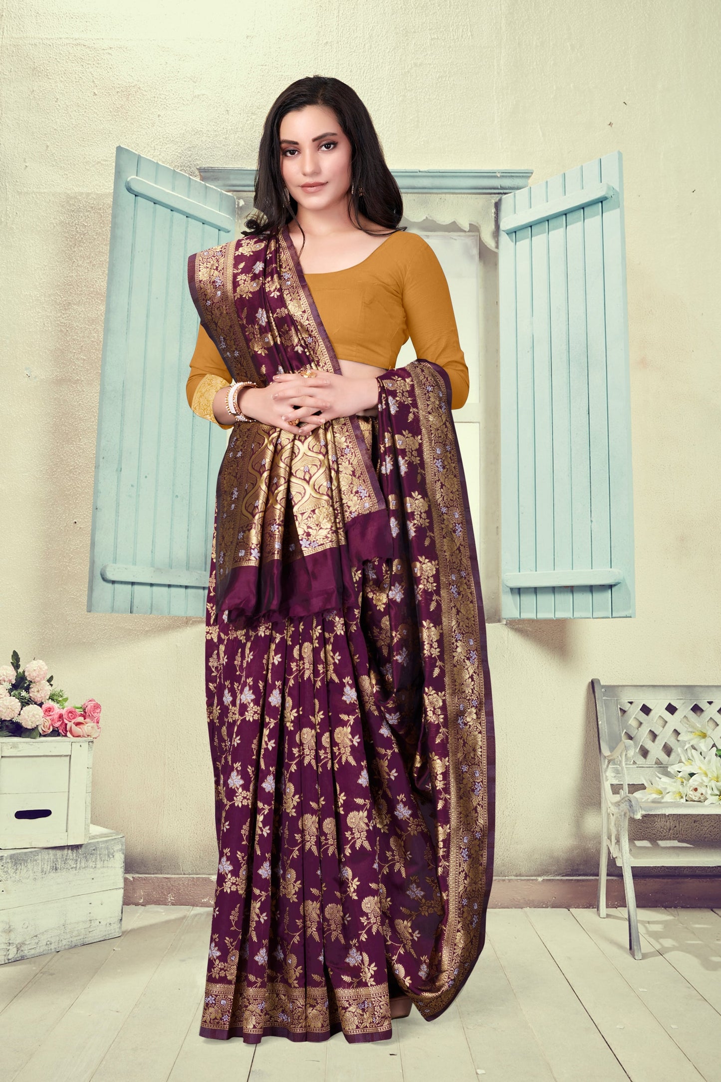 Vedant Vastram Litchi Silk Designer Banarasi Saree - Wine | Swadesiicart