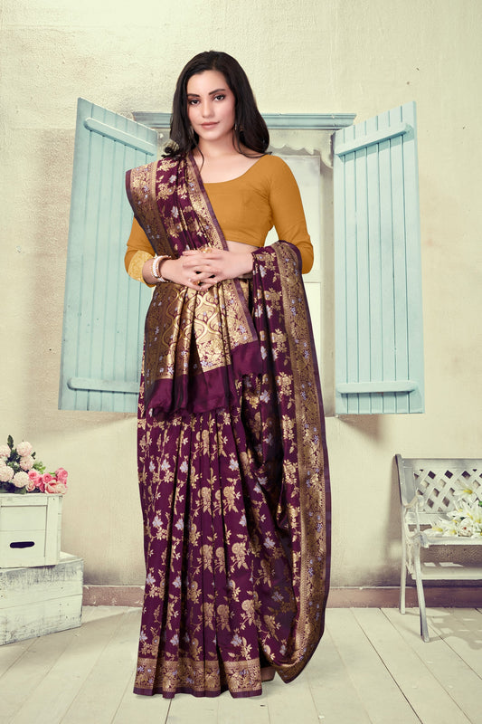 Vedant Vastram Litchi Silk Designer Banarasi Saree - Wine | Swadesiicart