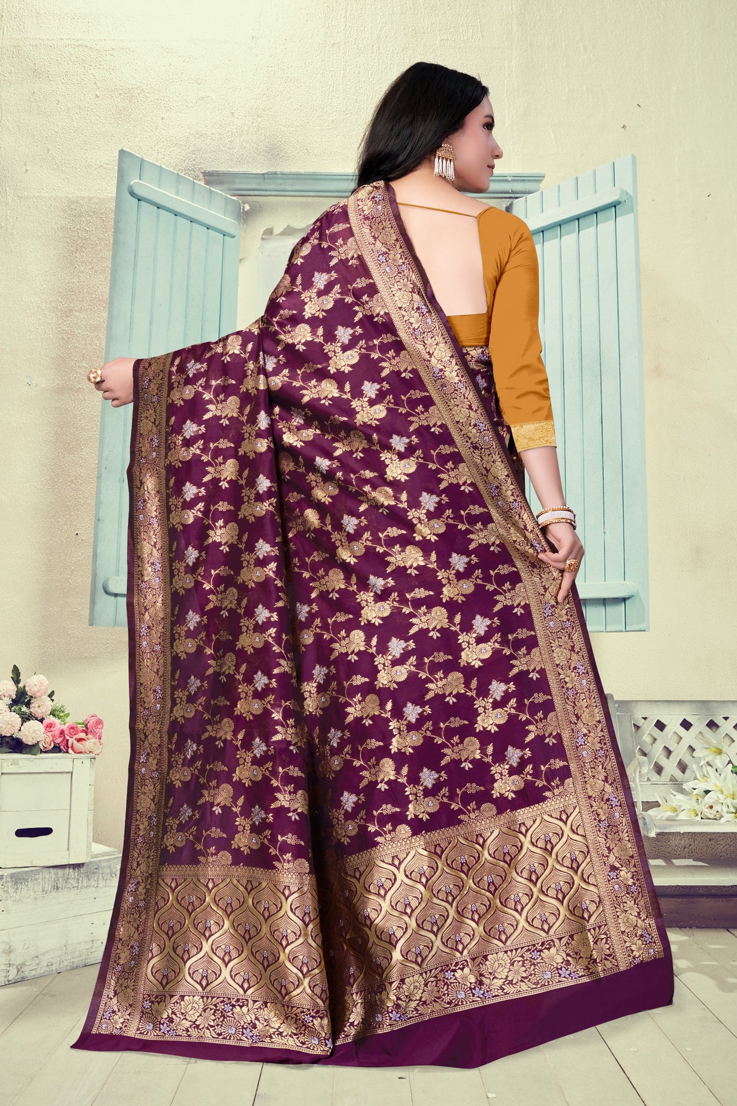 Vedant Vastram Litchi Silk Designer Banarasi Saree - Wine | Swadesiicart