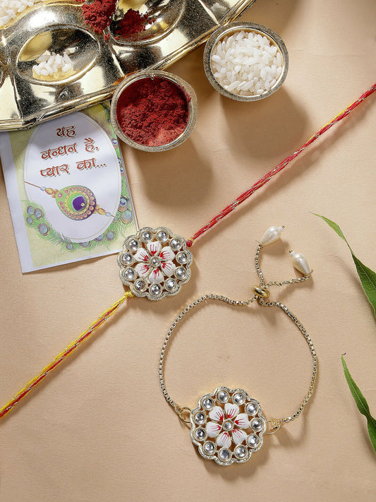 NVR Women & Men Set of 2 Gold Kundan-Studded Bhaiya Bhabhi Rakhi Set With Roli Chawal | Swadesiicart
