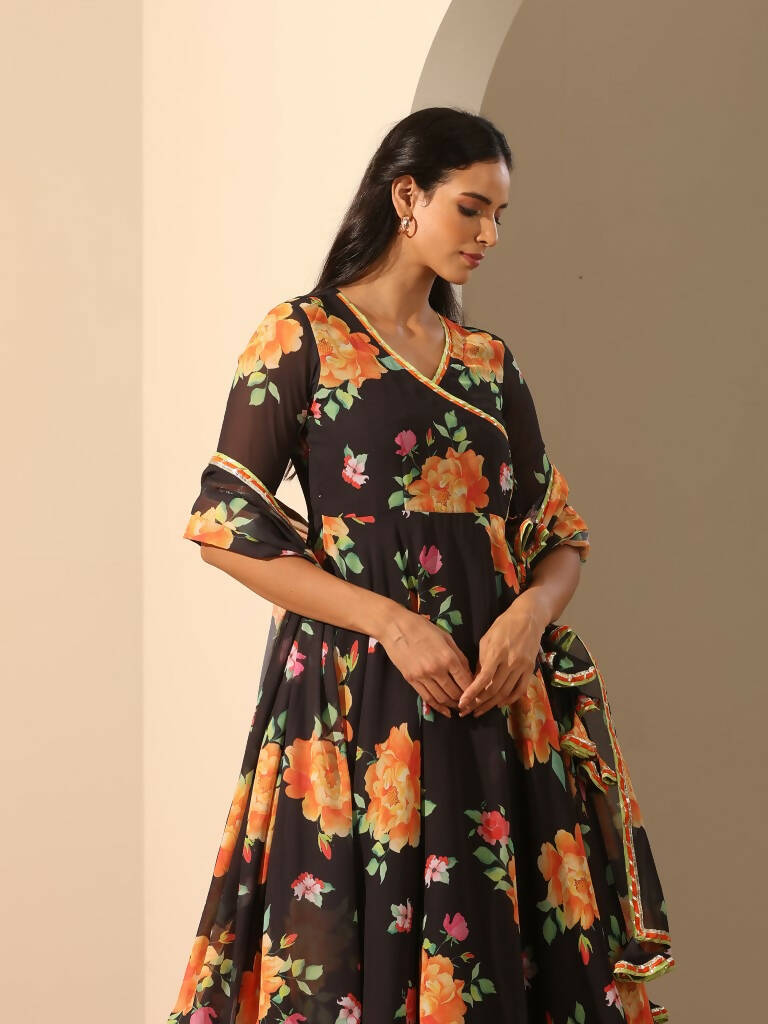 Pomcha Jaipur Black Gul Narangi Angrakha Set | Swadesiicart