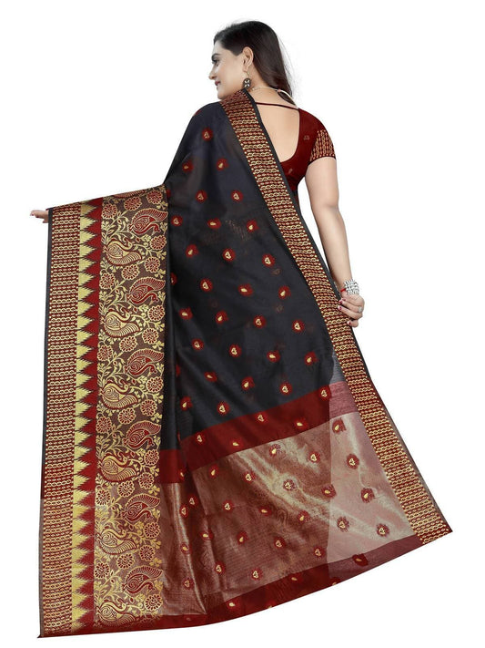 Vamika Banarasi Jaquard Black & Red Weaving Saree | Swadesiicart
