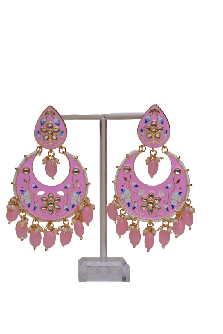 Baby Pink Gold-Polished Brass & Pearl Dangle Women Earrings| Hand Painted Meenakari Chandbali Traditional Ethnic Wear Earrings By House of Ree - Swadesiicart