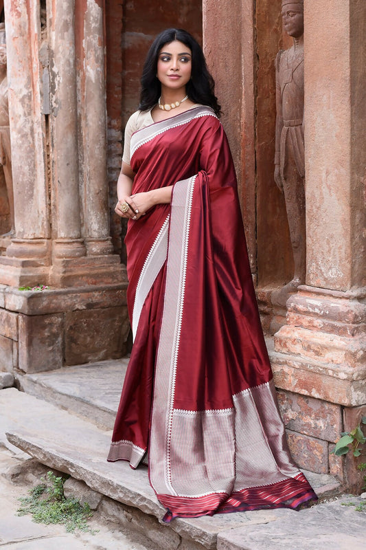 Joban Fashion Maroon Red Colour Banarasi Katan Pure Handloom Banarasi Silk Saree | Swadesiicart