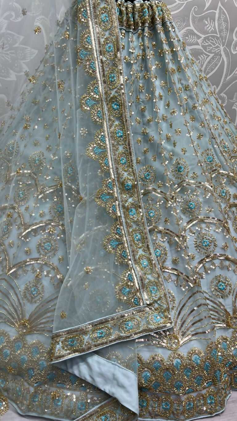 Jyoti Fashion Women's Sky Blue Bridal Net Fancy Sequins with Multi Thread Embroidered & Handwork Wedding Lehenga Choli | Swadesiicart