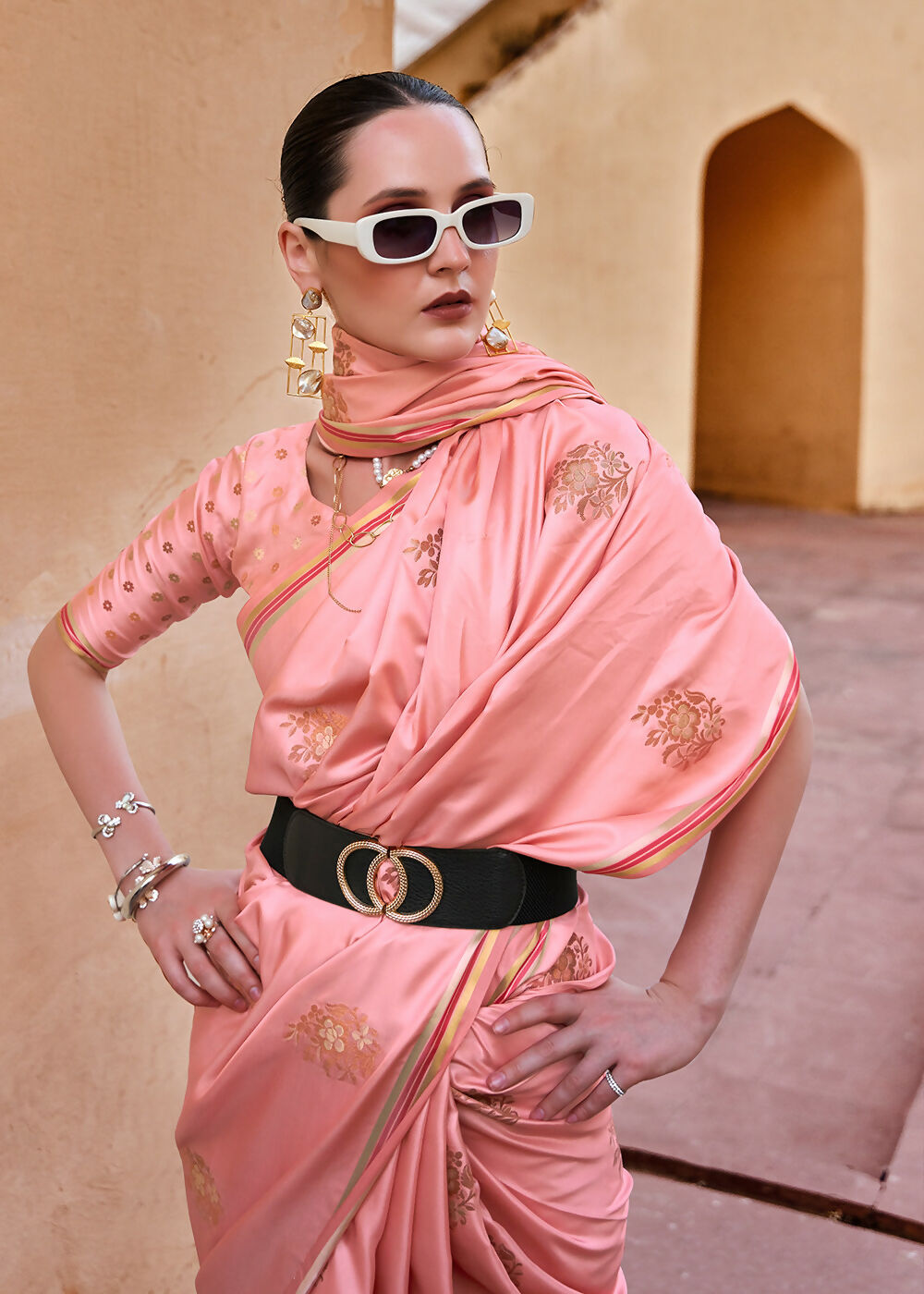 Sea Pink Pure Satin Zari Weaving Wedding Festive Saree - Emponline | Swadesiicart
