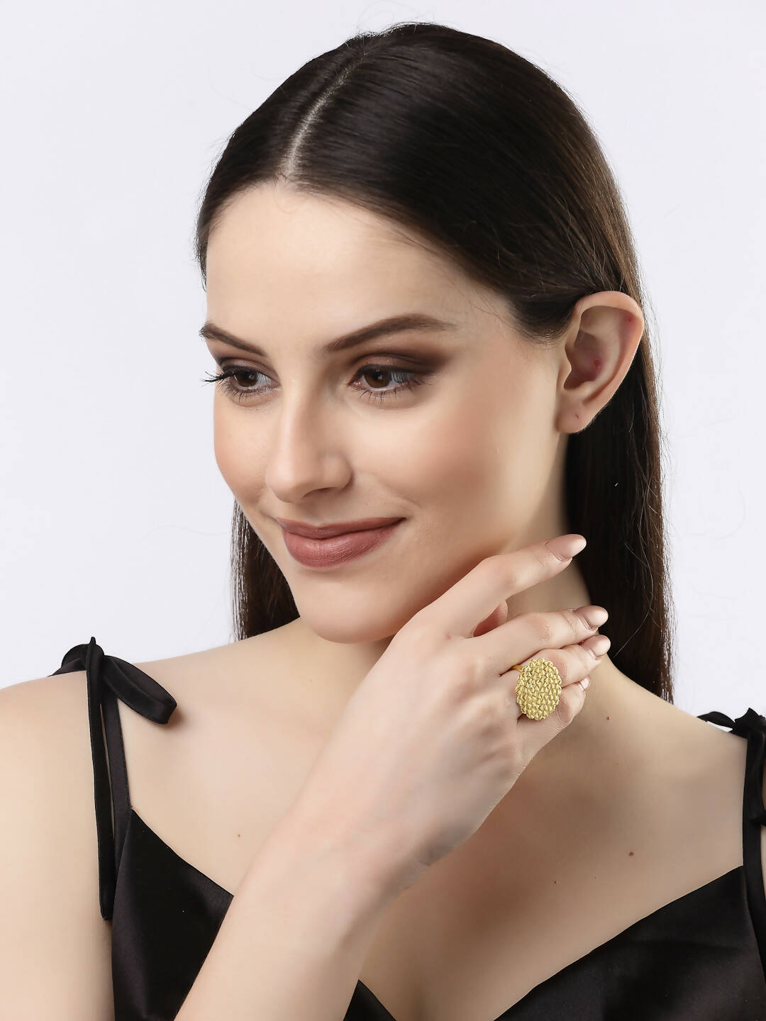 NVR Women Gold-Polished Circular Adjustable Finger Ring | Swadesiicart