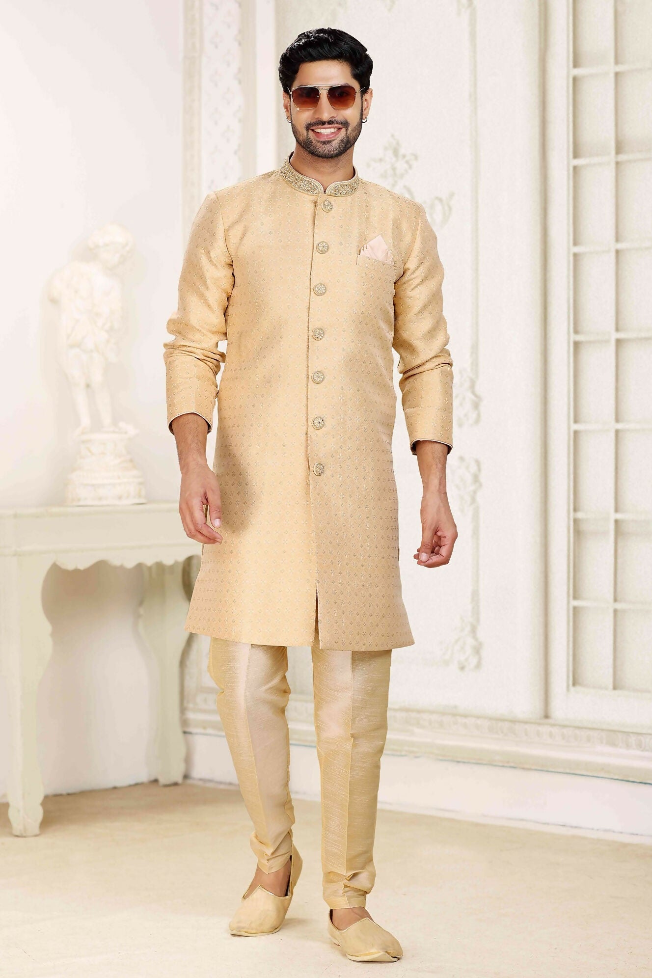 Raivat Ethnic Banarasi Jacquard Embroidery Semi Indo Western Sherwani In Beige Colour | Swadesiicart