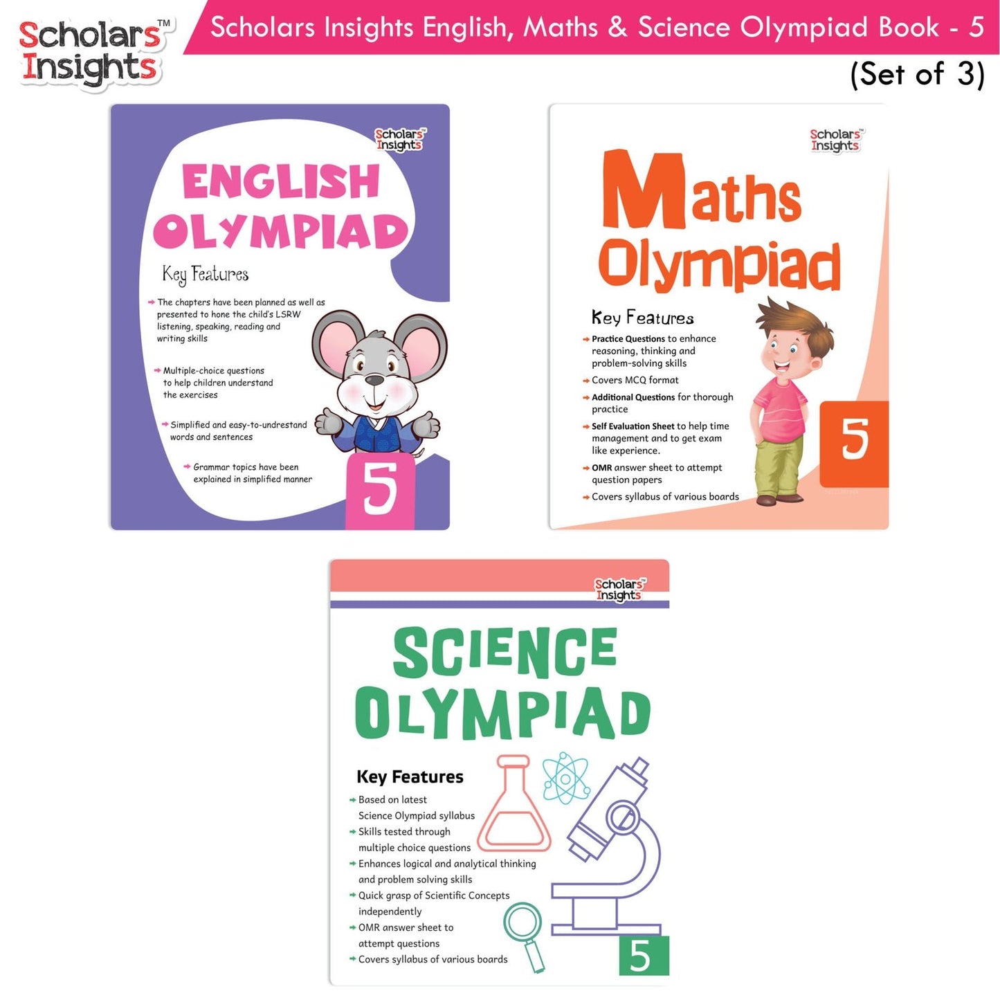 Scholars Insights Olympiad English, Maths and Science Workbooks Grade 5| Set of 3| Ages 10 - 12 Year - Swadesiicart