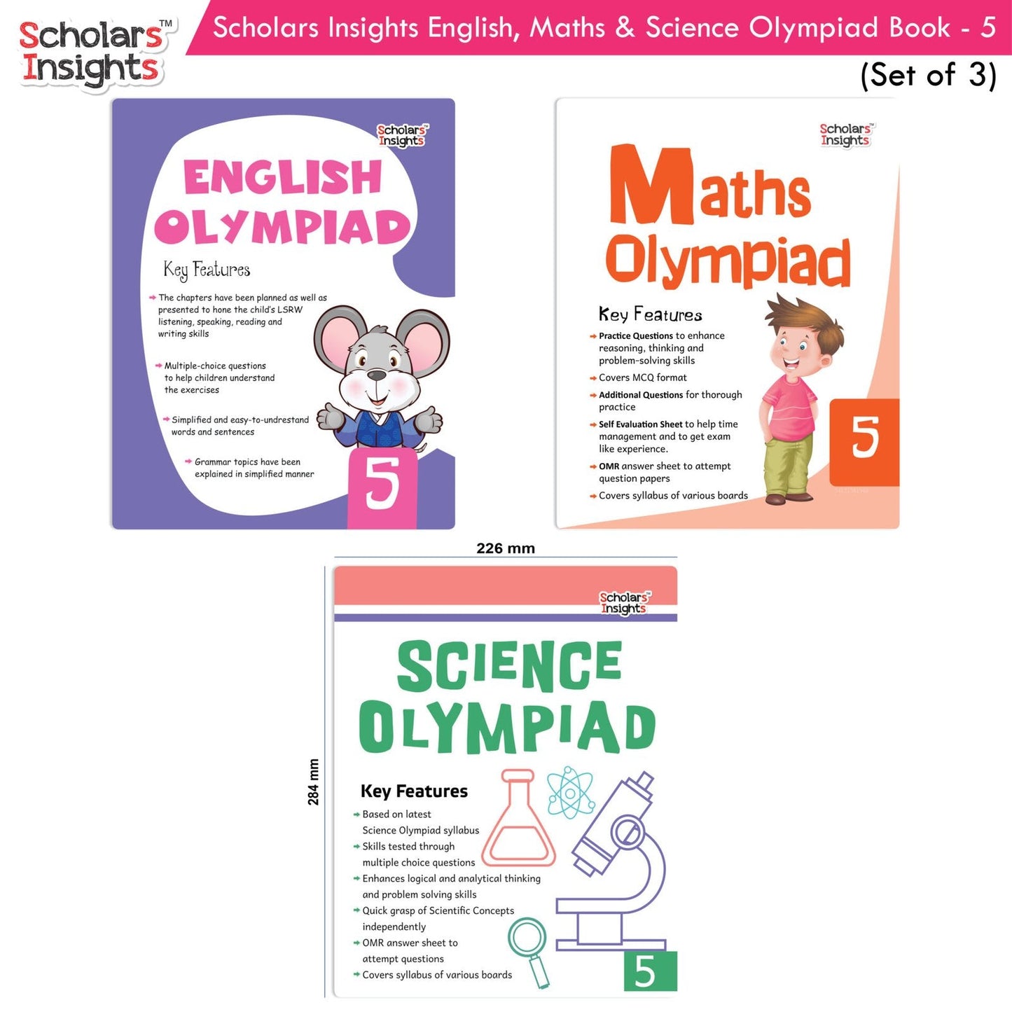 Scholars Insights Olympiad English, Maths and Science Workbooks Grade 5| Set of 3| Ages 10 - 12 Year - Swadesiicart