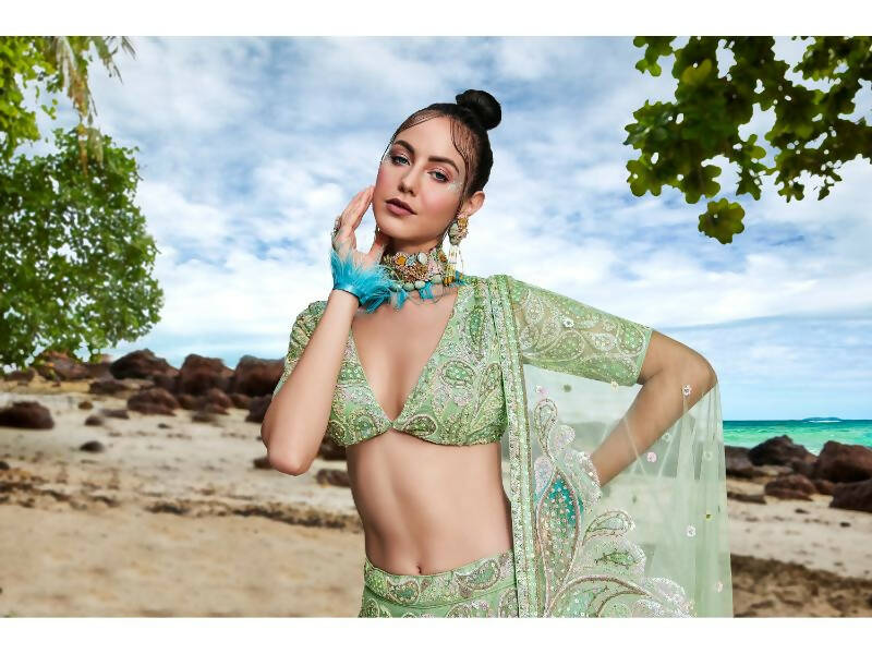 House of Panchhi Lime green Net Multi Sequins with heavy Zarkan embroidery Lehenga choli & Dupatta | Swadesiicart