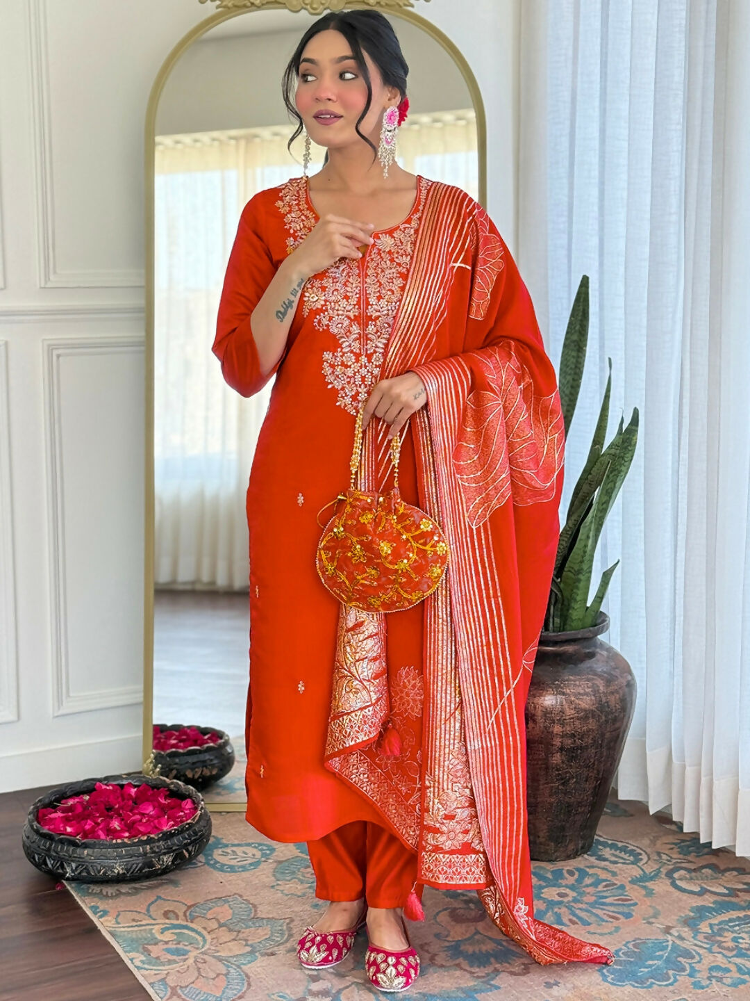 The52 Rust Women's Gorgeous Roman Silk Fabric Straight Kurta, Pant and Dupatta Set - Swadesiicart