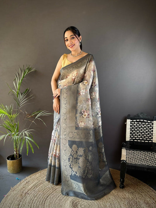Joban Fashion Grey Floral Motifs Banarasi Silk Sarees | Swadesiicart