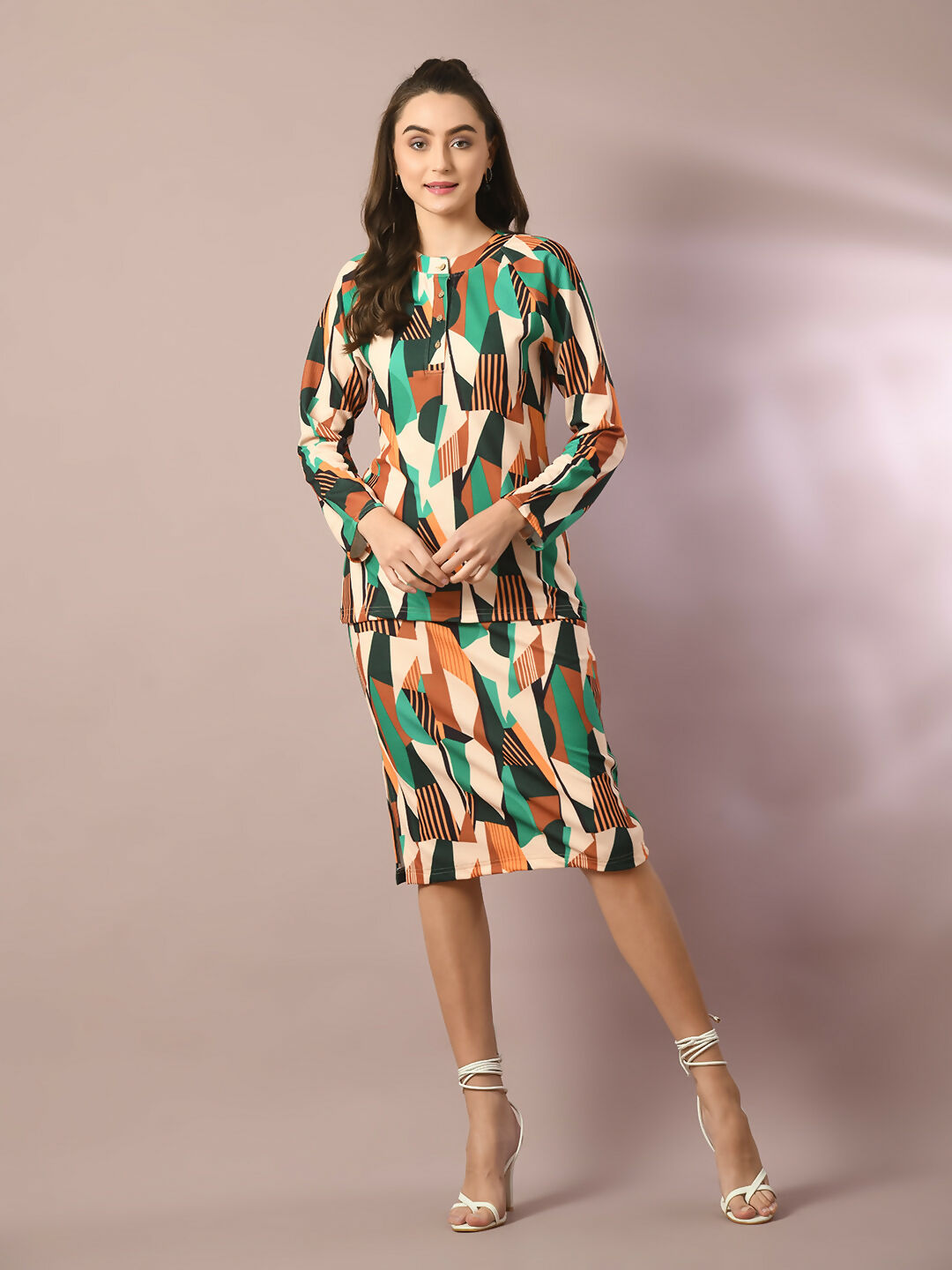 Myshka Women's Multi Printed Round Neck Party Top With Skirt Co-ord set - Swadesiicart
