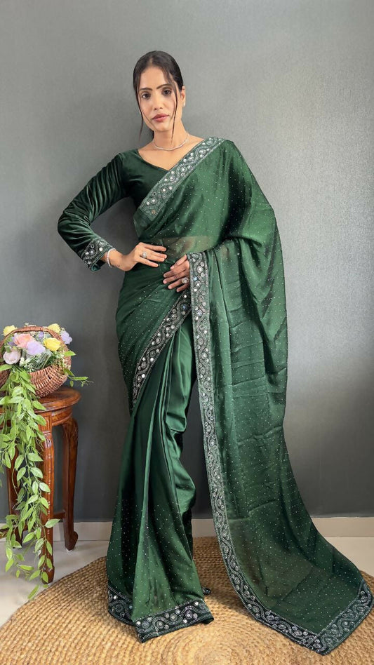 Vastranavya Green Rangoli Silk Real Mirror work with Swarovski work Ready to Wear Saree | Swadesiicart