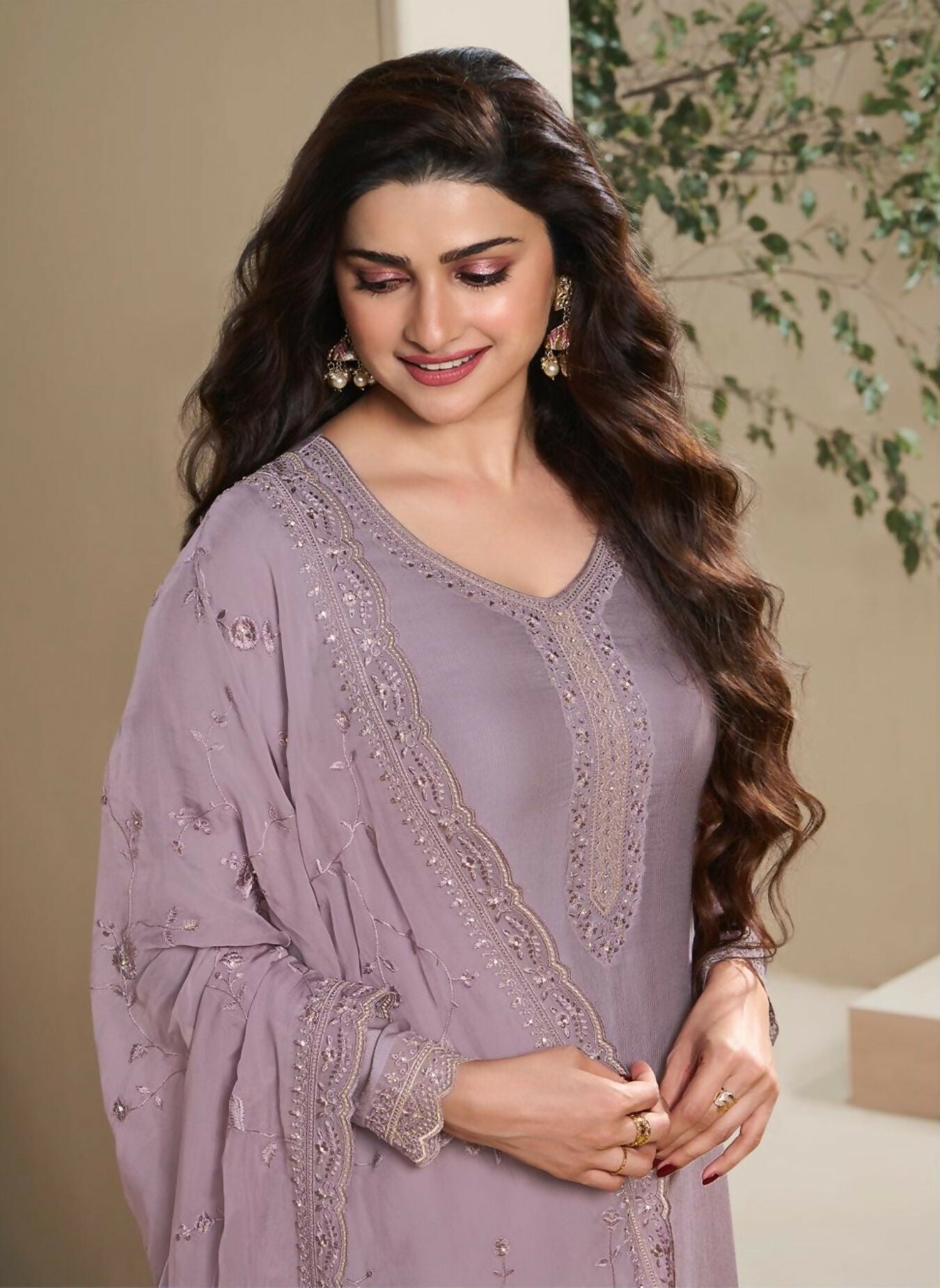 Anaita Purple Heavy Natural Crepe Stitched Suit with Embroidery & Zarkhan Work