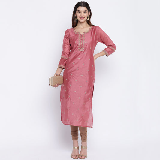 NOZ2TOZ Women's Sequence Work/Hand Work Straight Chanderi Dark Peach Kurta Only - Swadesiicart