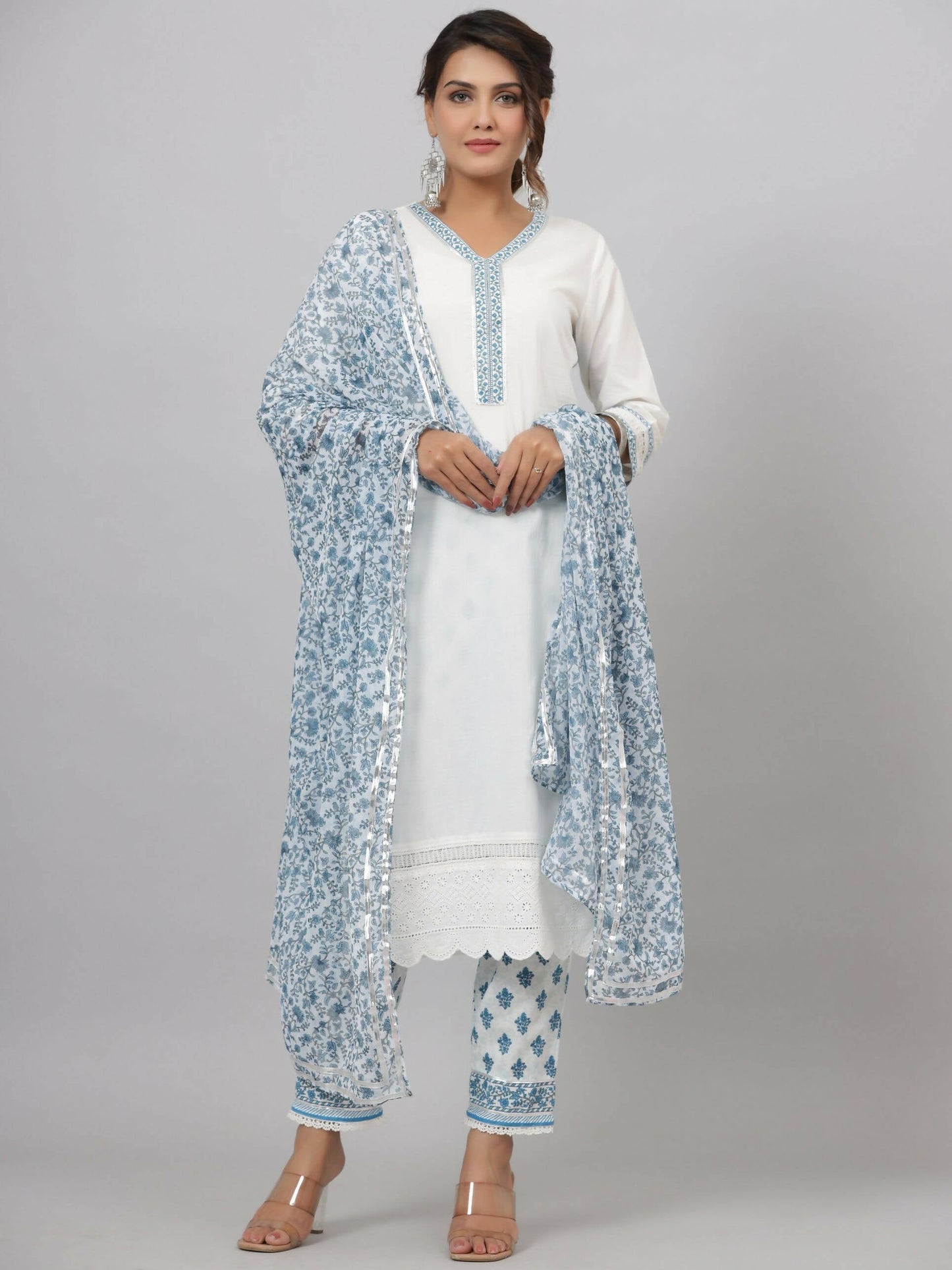 Juniper Women's White Cotton Cambric Solid Kurta Floral Printed Pant & Dupatta Set | Swadesiicart