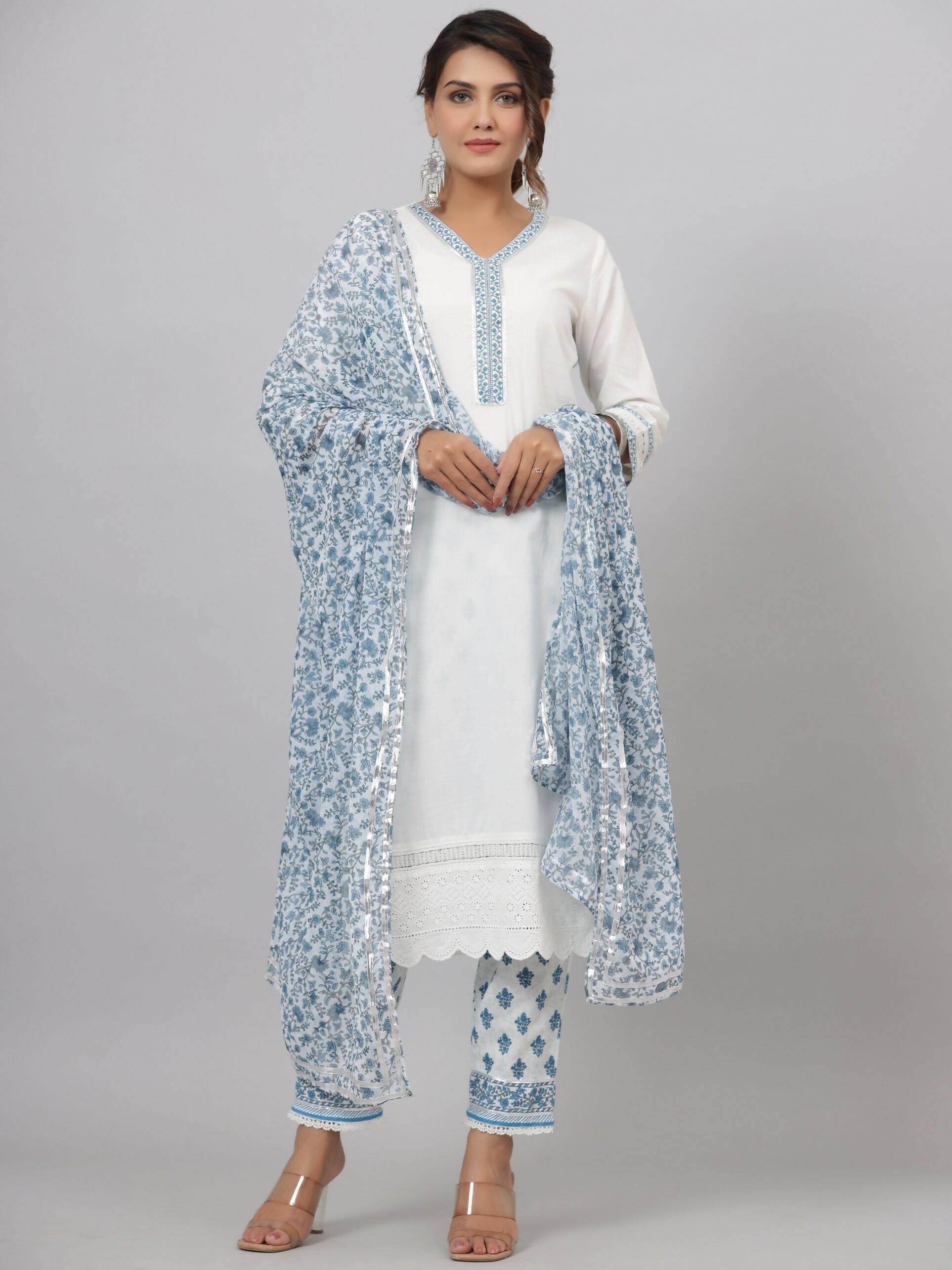 Juniper Women's White Cotton Cambric Solid Kurta Floral Printed Pant & Dupatta Set | Swadesiicart