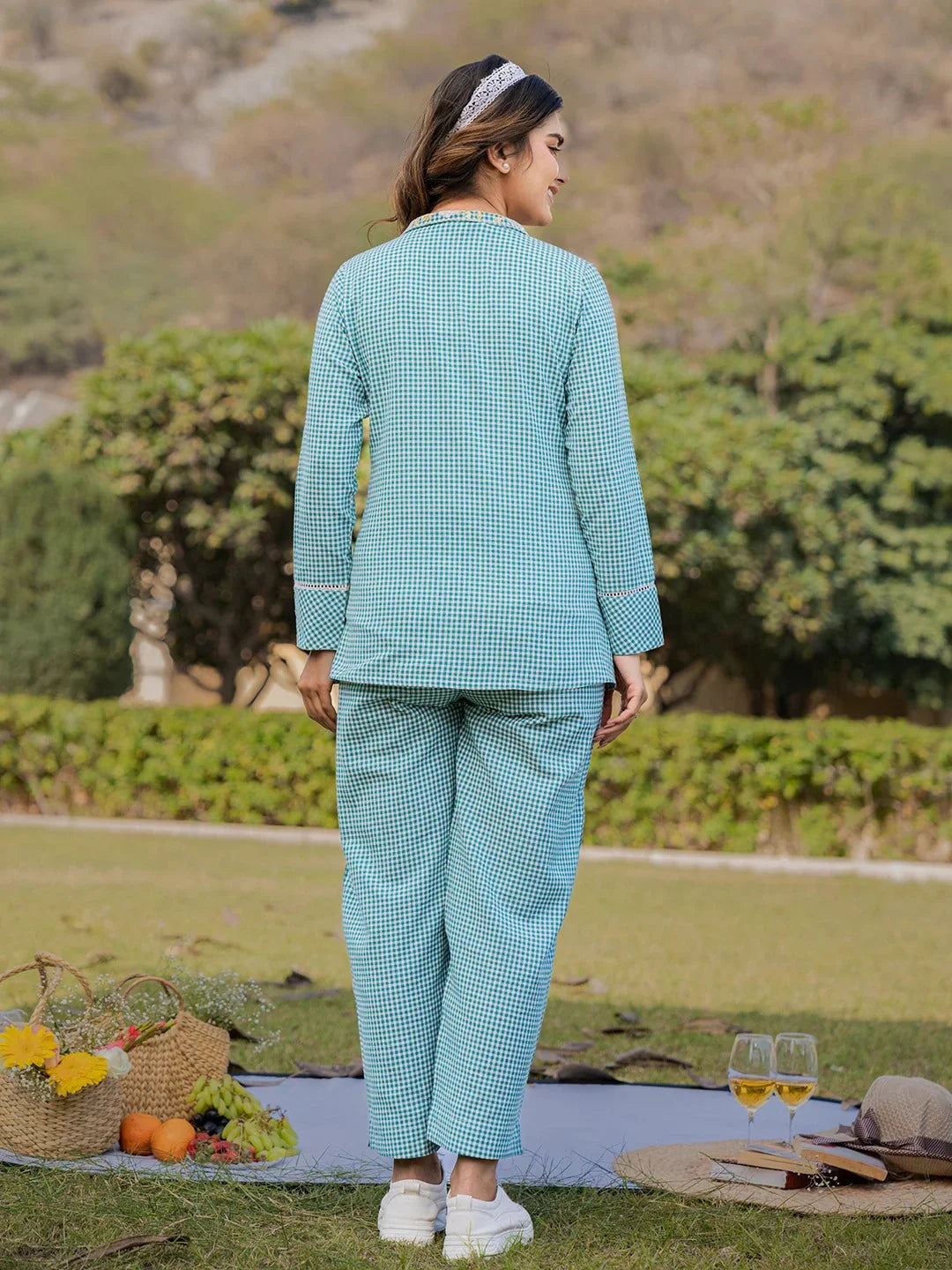 Yufta Sea Green Printed Cotton Checks Co Ord Set With Embroidery - Swadesiicart