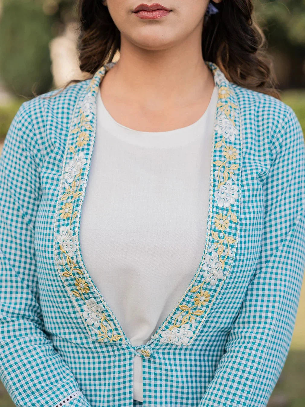 Yufta Sea Green Printed Cotton Checks Co Ord Set With Embroidery - Swadesiicart