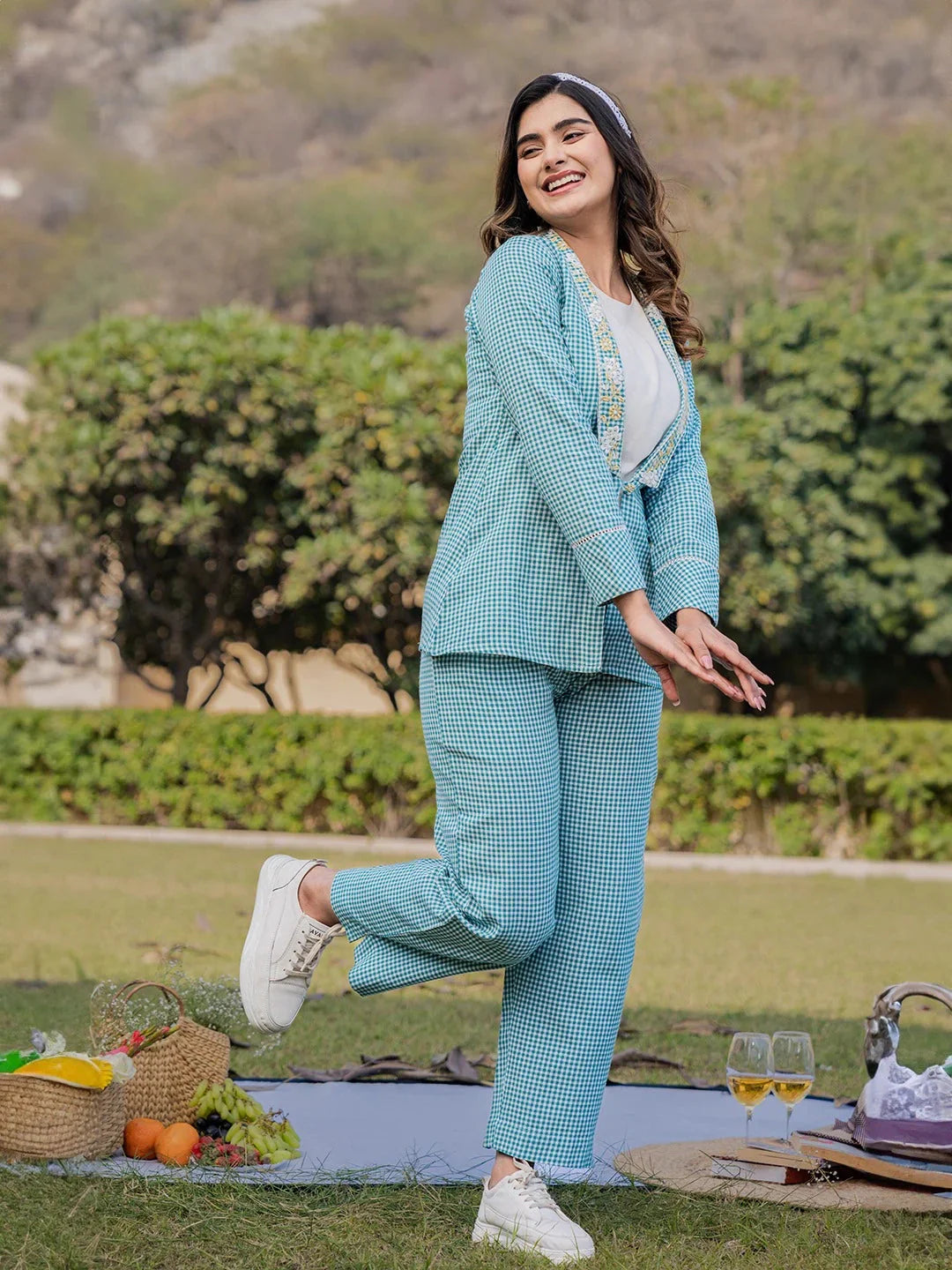 Yufta Sea Green Printed Cotton Checks Co Ord Set With Embroidery - Swadesiicart