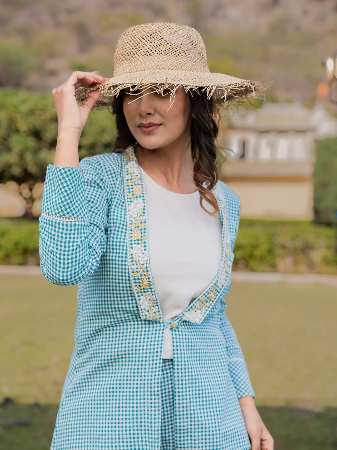 Yufta Sea Green Printed Cotton Checks Co Ord Set With Embroidery - Swadesiicart