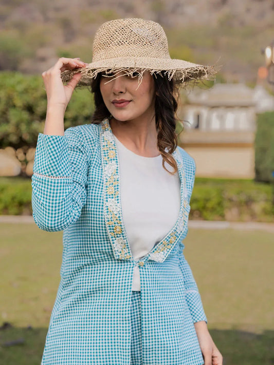 Yufta Sea Green Printed Cotton Checks Co Ord Set With Embroidery - Swadesiicart