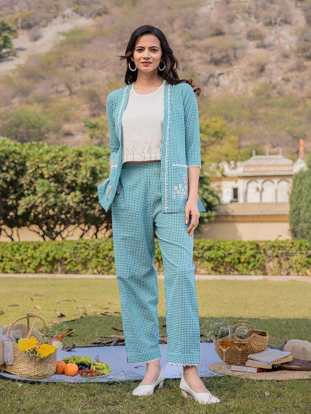 Yufta Sea Green Cotton Checks Printed Co Ord Set With Embroidery - Swadesiicart