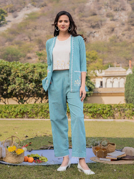 Yufta Sea Green Cotton Checks Printed Co Ord Set With Embroidery - Swadesiicart