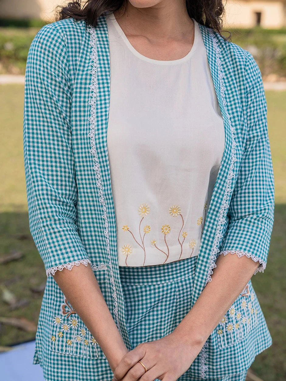 Yufta Sea Green Cotton Checks Printed Co Ord Set With Embroidery - Swadesiicart