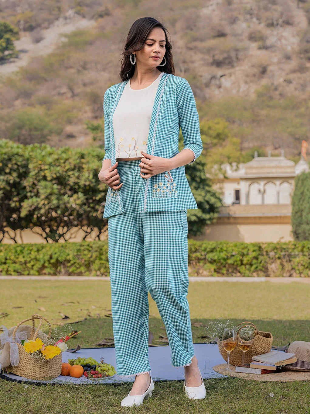 Yufta Sea Green Cotton Checks Printed Co Ord Set With Embroidery - Swadesiicart