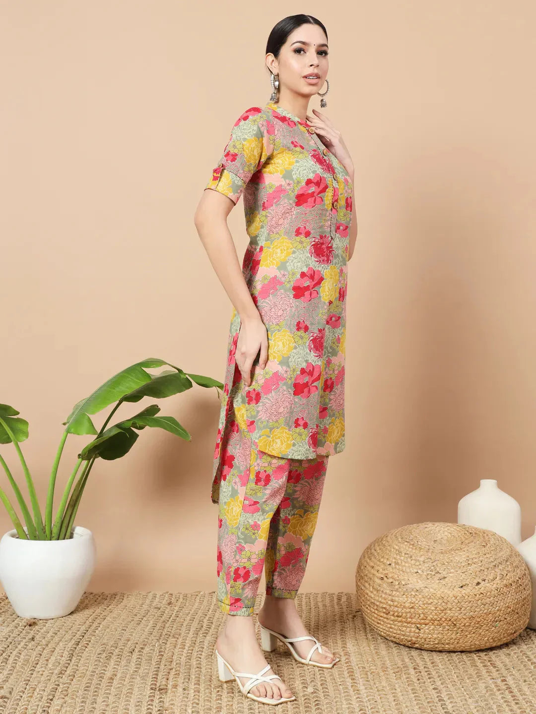 Yufta Sea Green Floral Printed Cotton Yoke Co-Ord Set - Swadesiicart